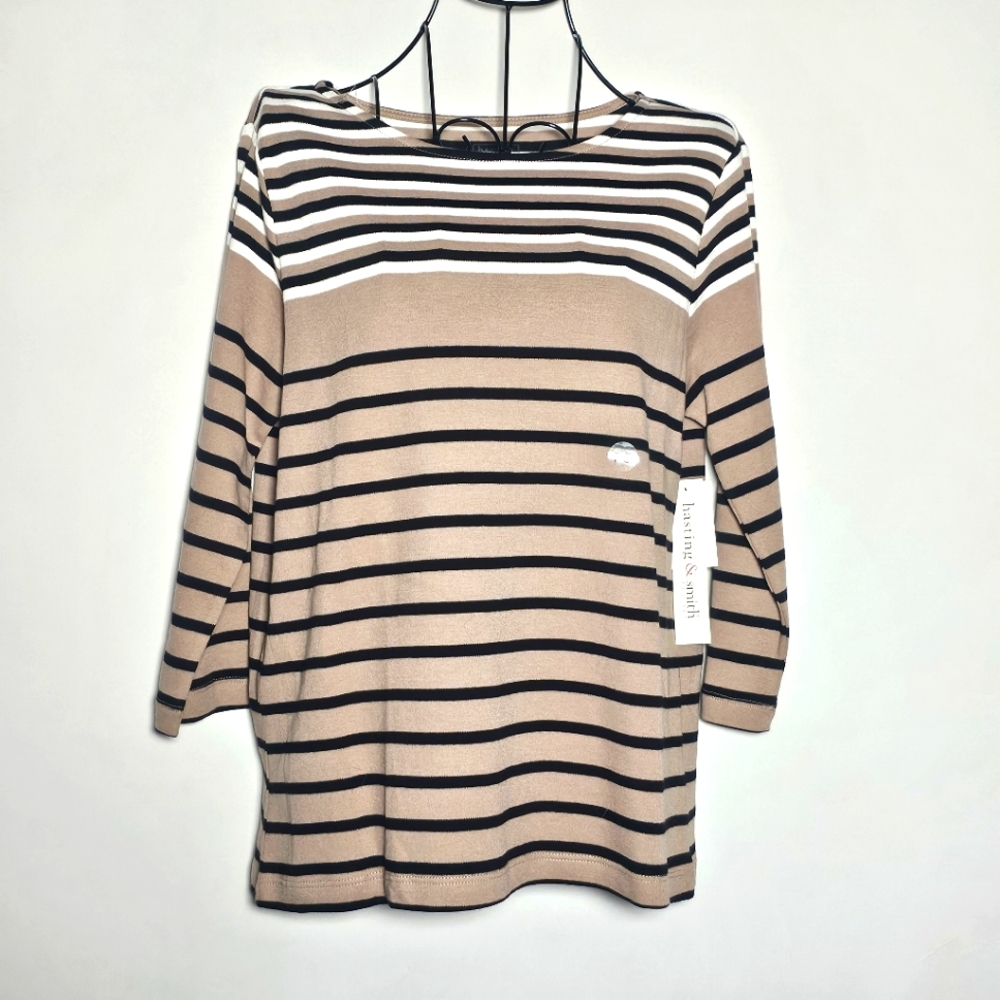 Hasting & Smith taupe striped 3/4 sleeve top nwt Petite Small